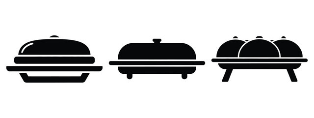 buffet tray minimal flat icon set, black color and white background
