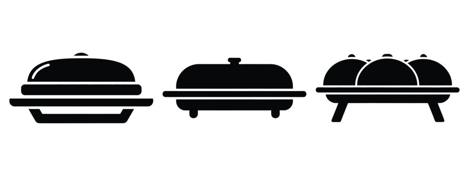 buffet tray minimal flat icon set, black color and white background