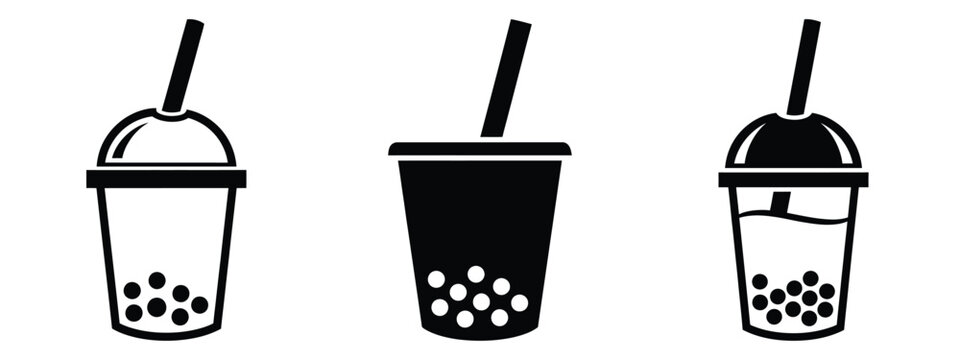 bubble tea minimal flat icon set, black color and white background