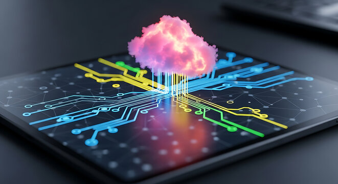 Data transfer from a glowing cloud to a digital tablet's circuit board, symbolizing modern cloud computing and network infrastructure innovation. - Powered by Adobe