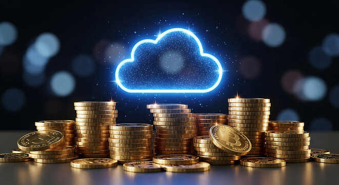 Digital currency stacks and glowing cloud icon symbolizing blockchain investment, secure data, and financial technology.
