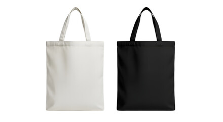 Two tote bags, one white and one black, isolated on transparent background