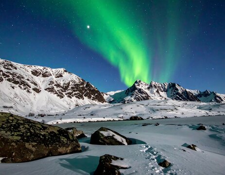 A vibrant display of the Northern Lights dances across a starlit sky above snow-covered mountains and a frozen landscape