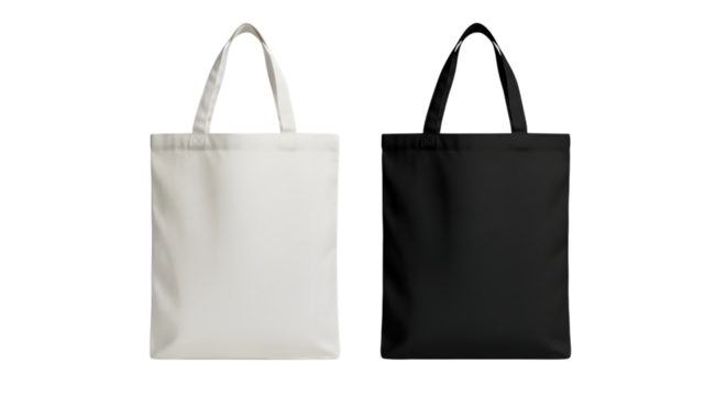 Two tote bags, one white and one black, isolated on transparent background