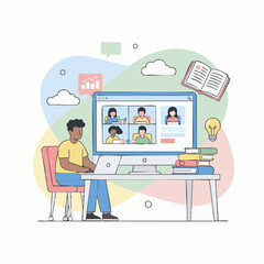 E-Learning Illustration
Flat-vector online education scene with student, computer screen, books, lightbulb icon, clean pastel palette, minimal style widely used in educational platforms and marketing.