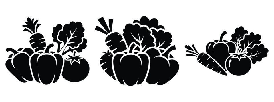 fresh vegetables minimal flat icon set, black color and white background