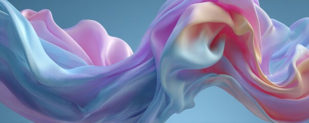 Abstract flowing fabric showcases a vibrant array of colors, creating a visually captivating and dynamic composition against a soft, gradient background, emphasizing movement and fluidity