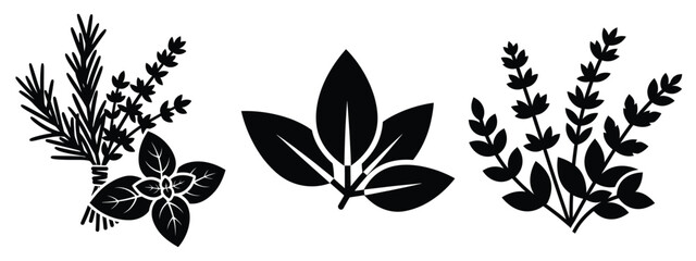 herbs minimal flat icon set, black color and white background