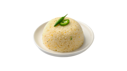 A delicious mound of savory semolina porridge known as upma is served in a small white bowl and garnished with a fresh green chili and a slice of pepper on top