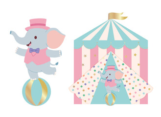 Cute circus elephant performing with pastel carnival tent