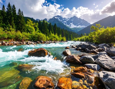 A scenic river flowing through a lush green valley toward snow-capped mountains