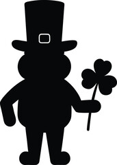 Black silhouette of a leprechaun wearing a top hat and holding a shamrock