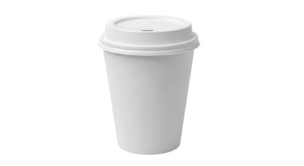 A plain white disposable paper coffee cup with a lid, isolated on transparent background