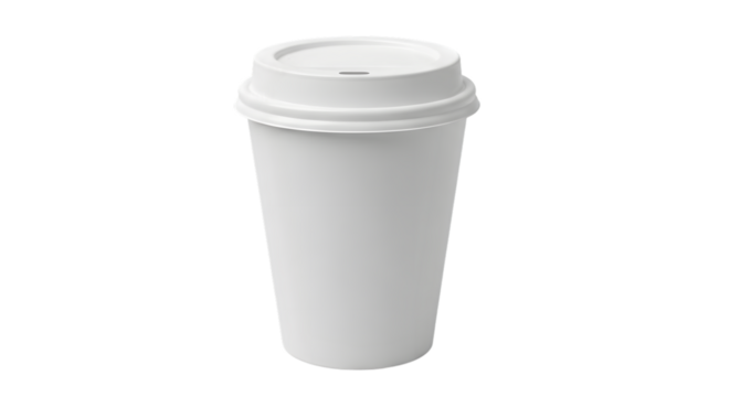 A plain white disposable paper coffee cup with a lid, isolated on transparent background