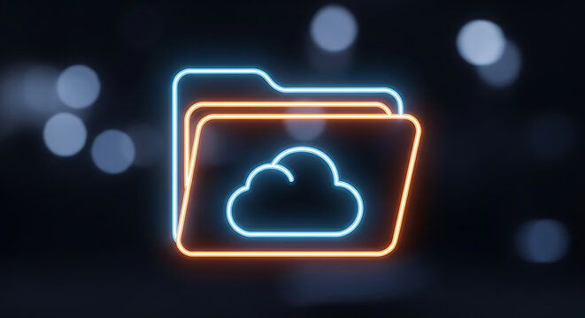 Luminous neon folder with cloud icon, symbolizing secure digital storage, data transfer, and futuristic online computing solutions.