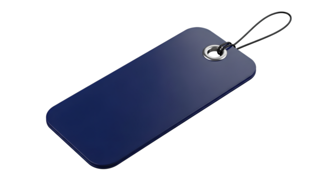 A blank dark blue rectangular tag with a string loop, isolated on transparent background