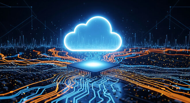 Cloud computing concept: data processing on a microchip with digital network connections and ai intelligence innovation.