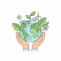 Eco & Sustainability Theme
Flat-vector eco-friendly illustration with green leaves, globe, solar energy icons, hands holding earth, clean minimal shapes, modern pastel/green palette — strong long-term