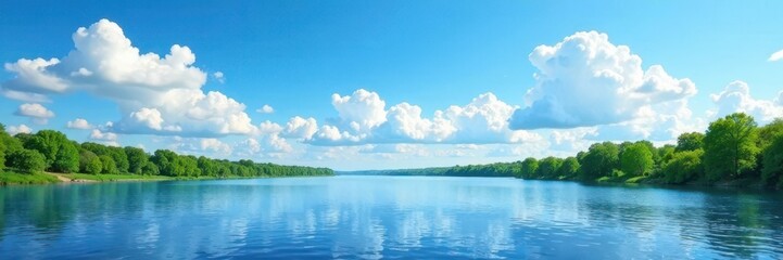 Wide Mississippi River view, bright blue sky, cumulus clouds , photography, sky, white