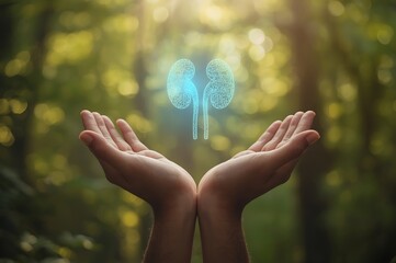 Hands gently holding a glowing blue abstract brain symbolizing consciousness and knowledge in a serene forest setting