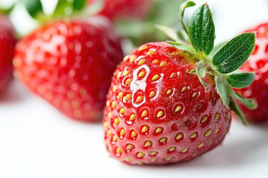 A vibrant strawberry field with ripe, juicy strawberries scattered across the ground, their green leaves and red petals contrasting beautifully with the white background.