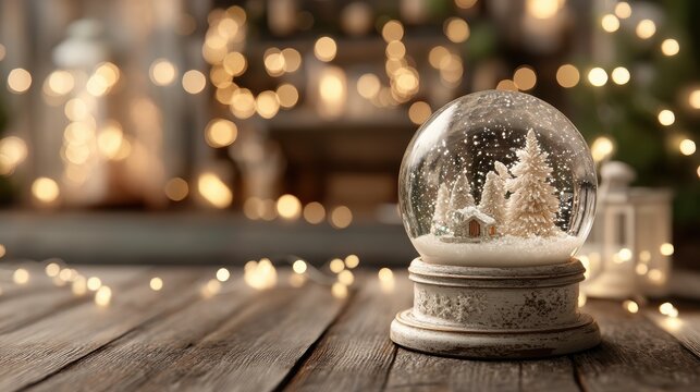 A beautiful snow globe capturing a festive winter scene, adorned with twinkling lights and a warm ambiance. - Powered by Adobe