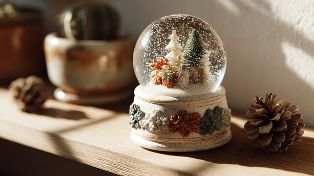 A beautiful snow globe depicting a serene winter scene with pine trees, placed on a wooden shelf with natural decorations.