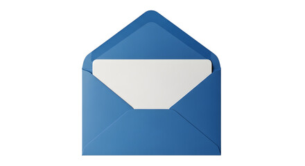 An open blue envelope with a white card inside, isolated on transparent background