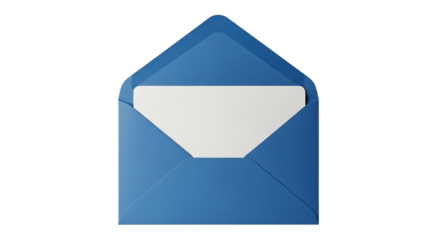 An open blue envelope with a white card inside, isolated on transparent background