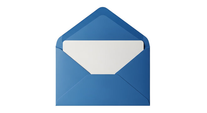 An open blue envelope with a white card inside, isolated on transparent background