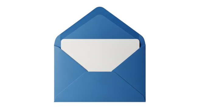 An open blue envelope with a white card inside, isolated on transparent background