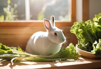 adorable white rabbit with pink ears sits amongst fresh green lettuce under warm window light. 