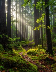 Obraz premium Sun rays stream through a dense forest, illuminating a mossy trail. Tall trees line the path, with vibrant greenery and a misty atmosphere