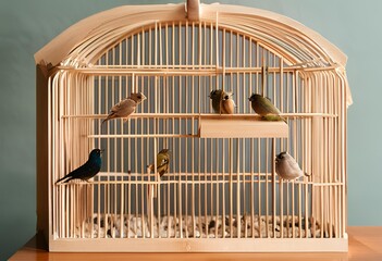 Seven small, various-colored birds perched inside an ornate, arched bamboo birdcage against a teal wall. 
