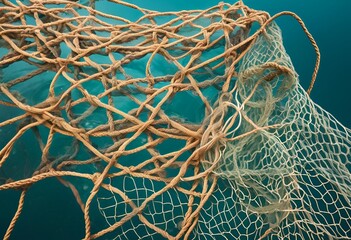 Close-up of tangled, old fishing nets and ropes submerged in clear blue ocean water