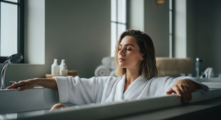 Woman relaxing in a modern bathtub