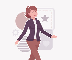 Attractive active beautiful girl young adult woman, going pose. Female model, ponytail hairstyle, activewear jacket, suit pants, vector flat style cartoon illustration, modern creative background