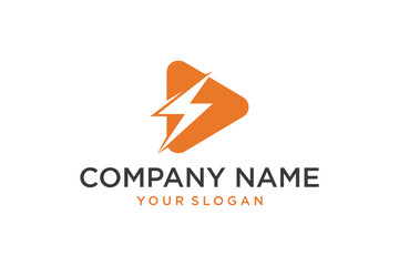 Modern Orange Play Button Logo with White Lightning Bolt, Symbolizing Energy, Speed, and Multimedia Technology