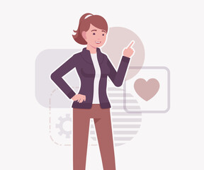 Attractive active beautiful girl young adult woman, finger point pose. Female model, ponytail hairstyle, activewear jacket, pants, vector flat style cartoon illustration, modern creative background