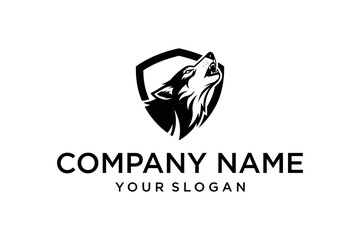 Howling Wolf Head in Shield Logo Design Template - Black and White Vector Graphic