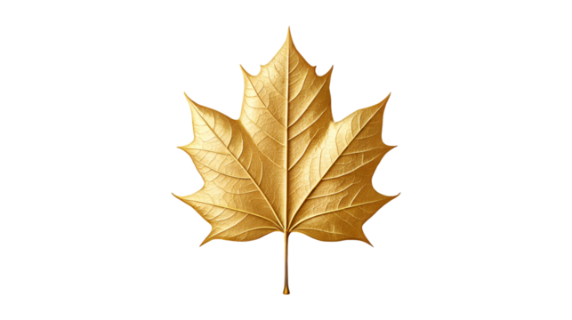 A single golden maple leaf with a detailed metallic texture sits in front of an abstract geometric pattern