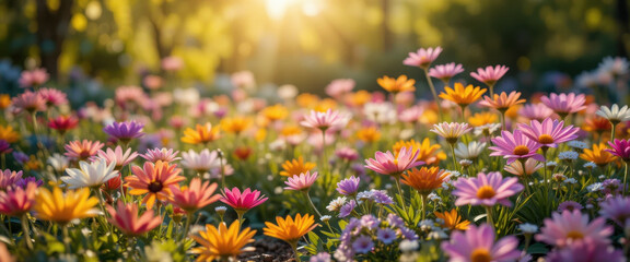 Vibrant flower blooming event in nature's garden colorful floral display under warm sunlight