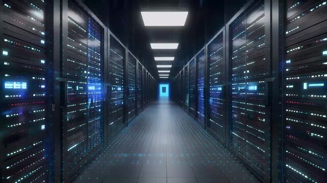Data Center Corridor Server Racks Illuminated in a Modern Infrastructure Environment