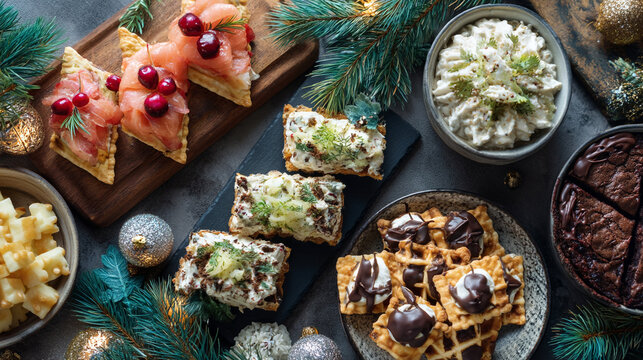 Festive holiday platter featuring salmon canapes and waffles with christmas decorations