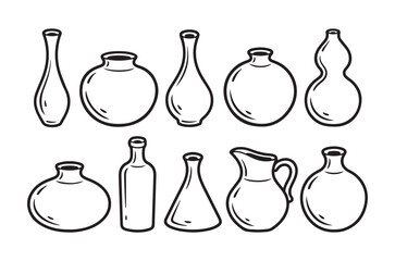 A collection of various antique ceramic vases and jugs sketched in black and white