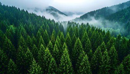 Lush, verdant forest of coniferous trees covers rolling hills, with a veil of mist settling between the peaks