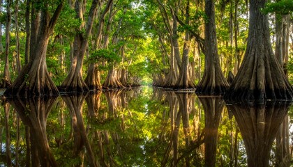 Obraz premium Serene swamp scene with towering trees reflected in calm water. Lush green foliage forms a canopy, creating a tunnel-like vista