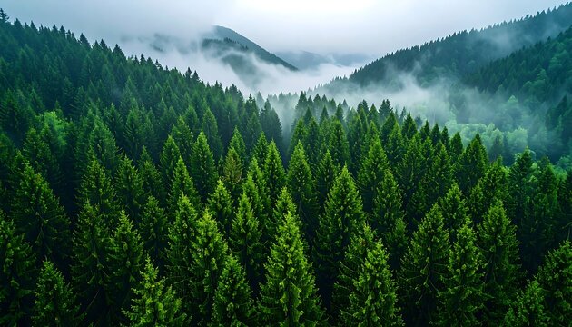 Lush, verdant forest of coniferous trees covers rolling hills, with a veil of mist settling between the peaks