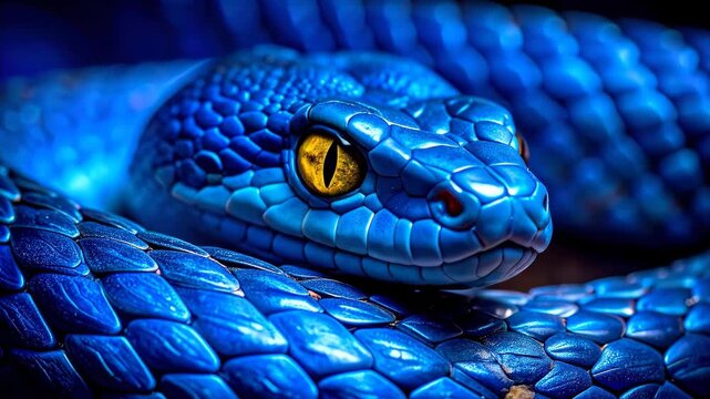 Close up of a vibrant blue viper snake with striking yellow eyes coiled tightly.