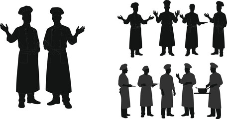 Professional chefs silhouette vector illustration, culinary teamwork concept, restaurant staff cooking, kitchen workers in uniform, gastronomy art design for food industry and hospitality visuals